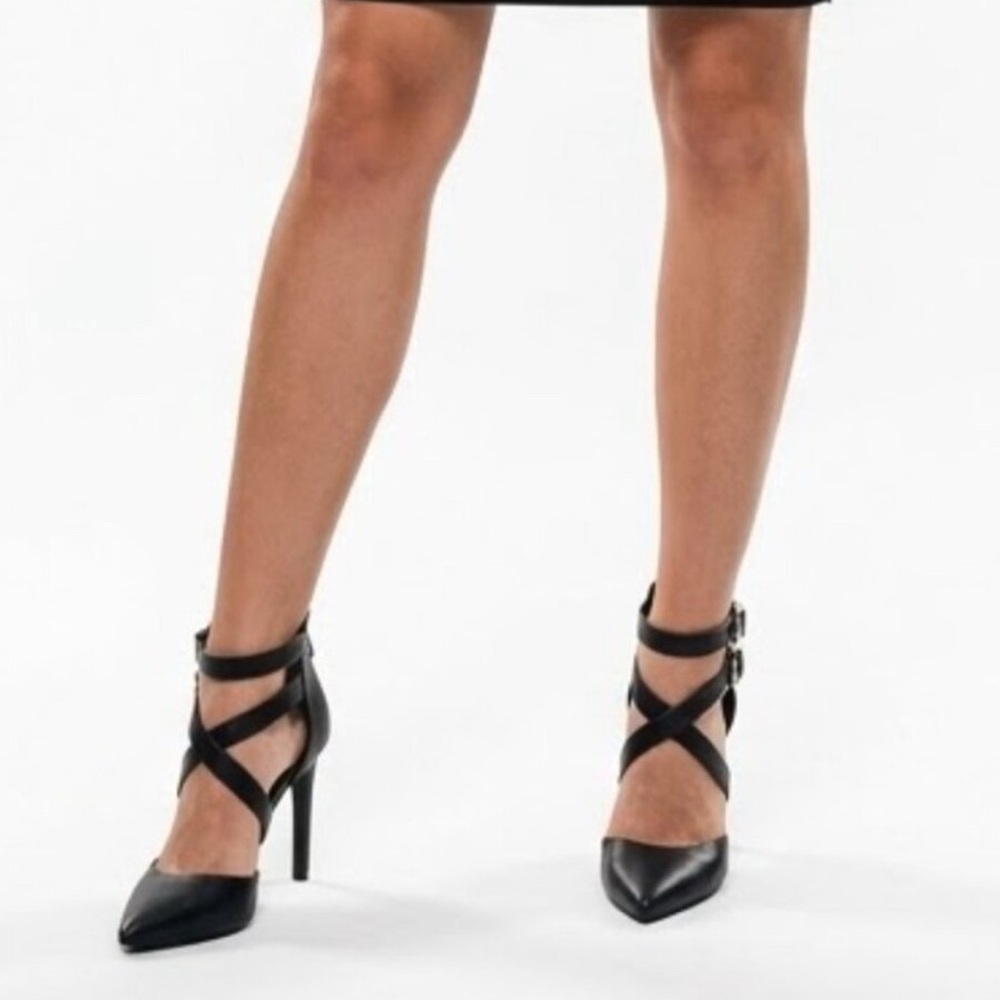My Delicious Black Strappy Caged Stilettos Gothic Pointed Toe Back Zip Heels 8.5